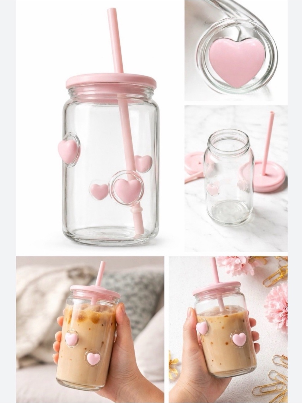 Pink Heart Mason Jar Tumbler with Straw - Cute Glass Drink Cup